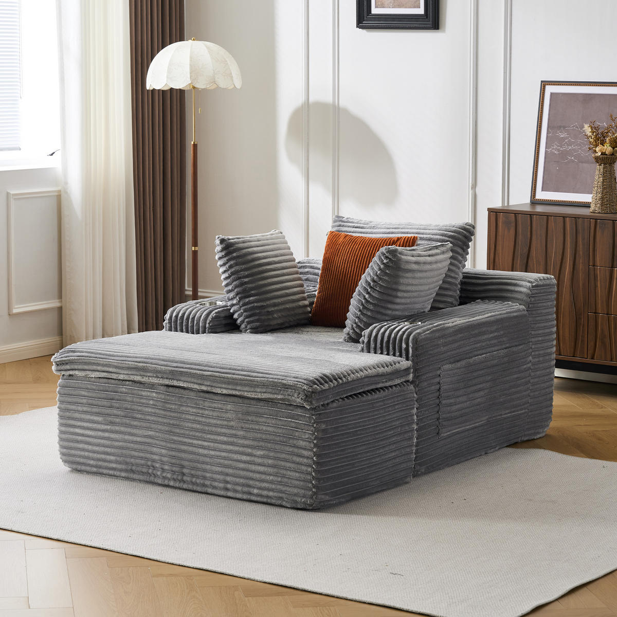 SCHLAFSOFA 165/112/63 cm Grau mit Chaiselongue, 3 Kissen und 1 Decke - Grau, Textil (112/63/165cm) - Oxeza