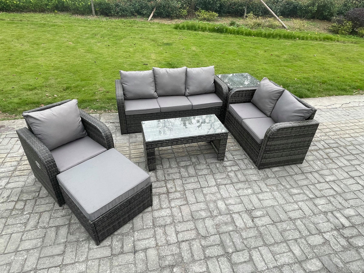 GARTENSOFA SET mit rechteckigem COUCHTISCH Polyrattan 7-Sitzer Dunkelgrau - Dunkelgrau/Grau, Glas/Kunststoff - Fimous