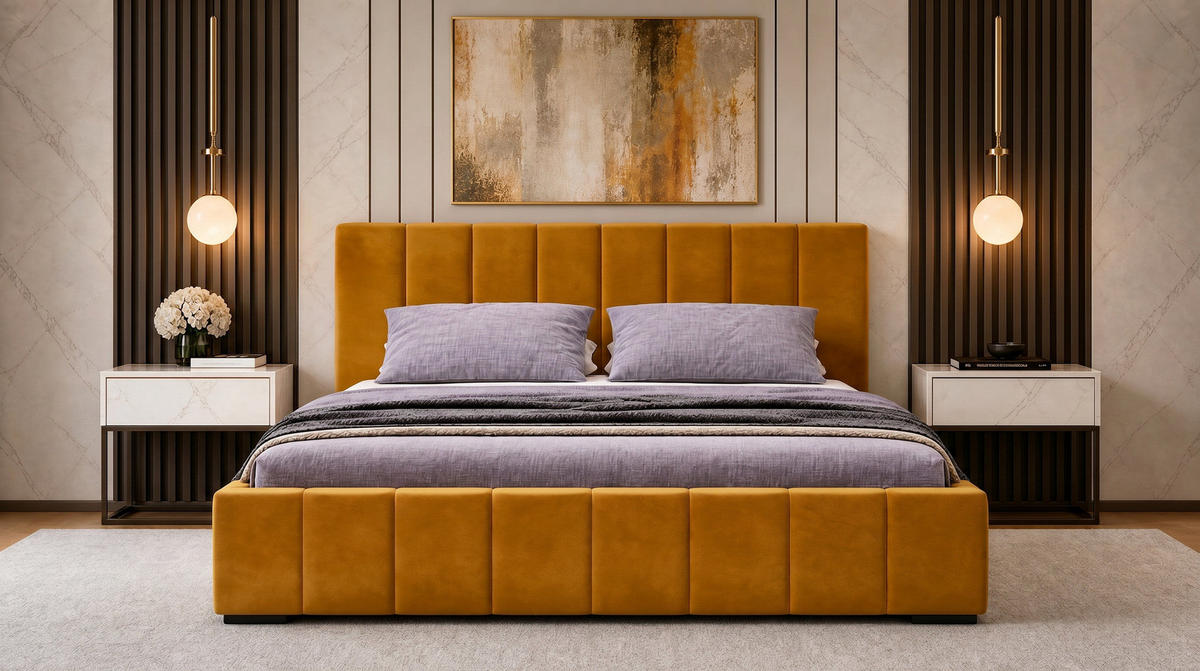 POLSTERBETT Nero 200x200 cm, Doppelbett mit Bettkasten und Lattenrost aus Holz, Velourstoff: Gelb - Gelb, Holz/Textil (200/200cm) - Marpur