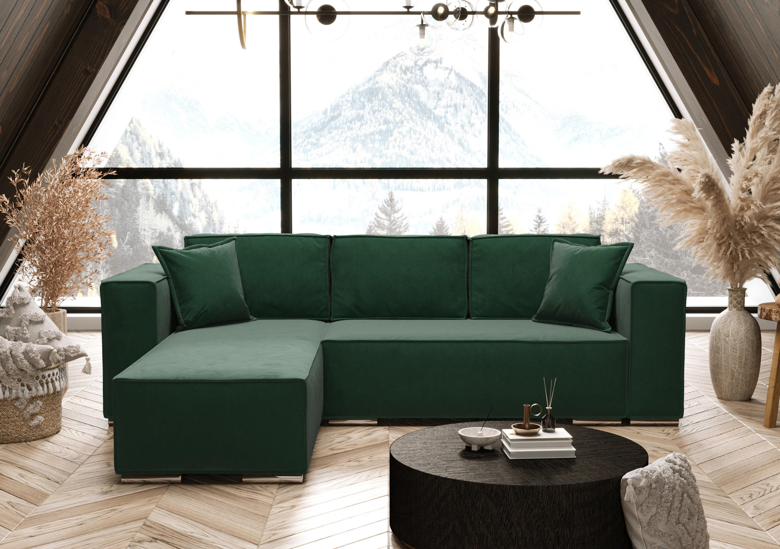 ECKSOFA L Form Vinoria Grün 255/180/82 cm Links mit Schlaffunktion - Chromfarben/Grün, Textil/Metall (180/255cm) - AX Living