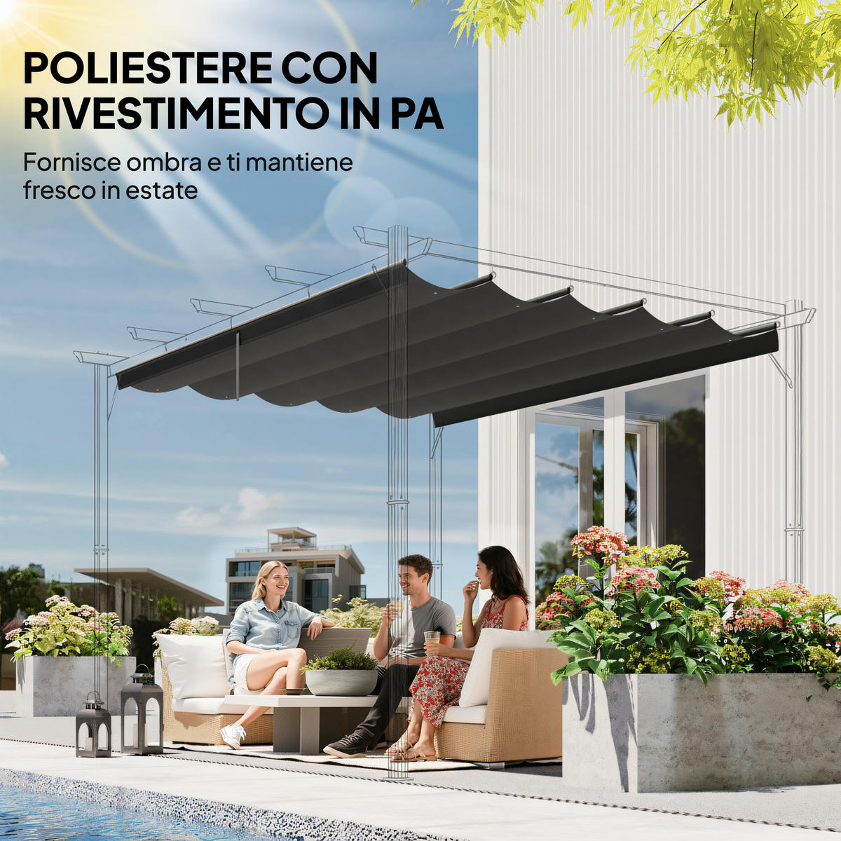 ERSATZDACH, 3x3 m für Gartenpavillon, grau, Polyester, mit 10 Löchern - Multicolor, Kunststoff (255/6/250cm) - FORIOUS