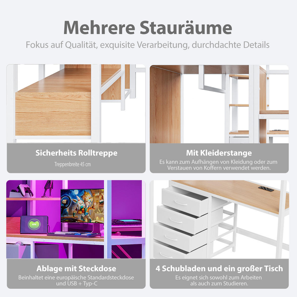 HOCHBETT 140/200 cm Weiß mit Schreibtisch, LED und Steckdose - Weiß, Metall (140/200cm) - MIVRAY