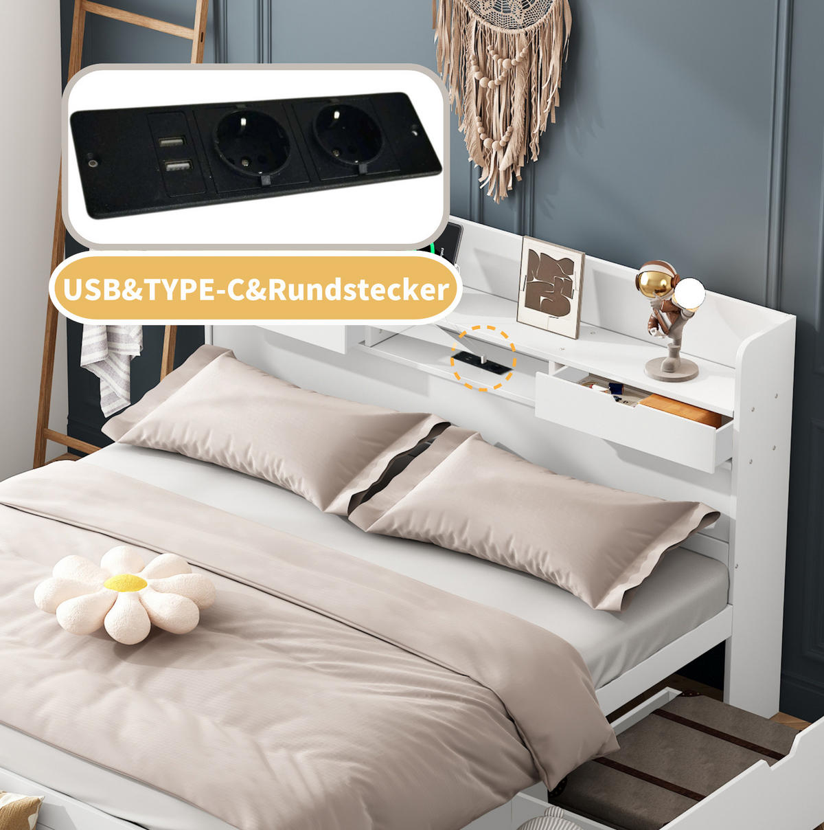 DVOJLŮŽKOVÁ postel 140/200 cm bílá z borovice s USB portem a úložným prostorem - bílá, kompozitní dřevo (140/200cm) - OKWISH