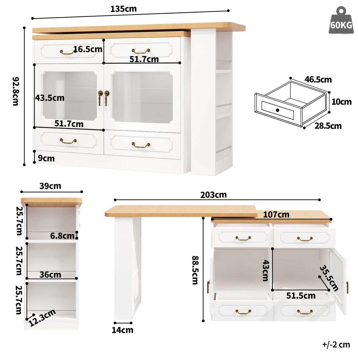 BARTISCH Ausziehbarer aus MDF mit 360° Drehplatte & LED, 135-203/39/92,8 cm, Weiß - Weiß, Holzwerkstoff (39/92.8/135cm) - Redom