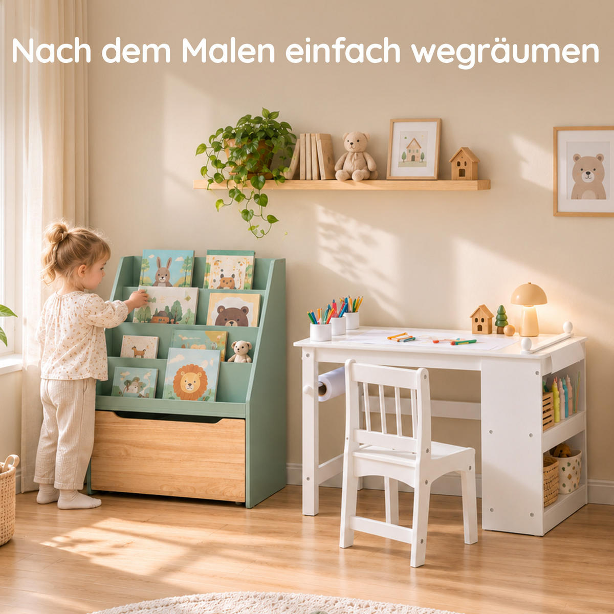 BILDERBUCHREGAL für Kinder, Grün, 4 offene Fächer und große Schublade, auf 4 Rollen, 80 cm hoch, für Kinderzimmer, Leseecke und Kindergarten - Naturfarben/Grün, Holz/Holzwerkstoff (62/80/30cm) - SoBuy