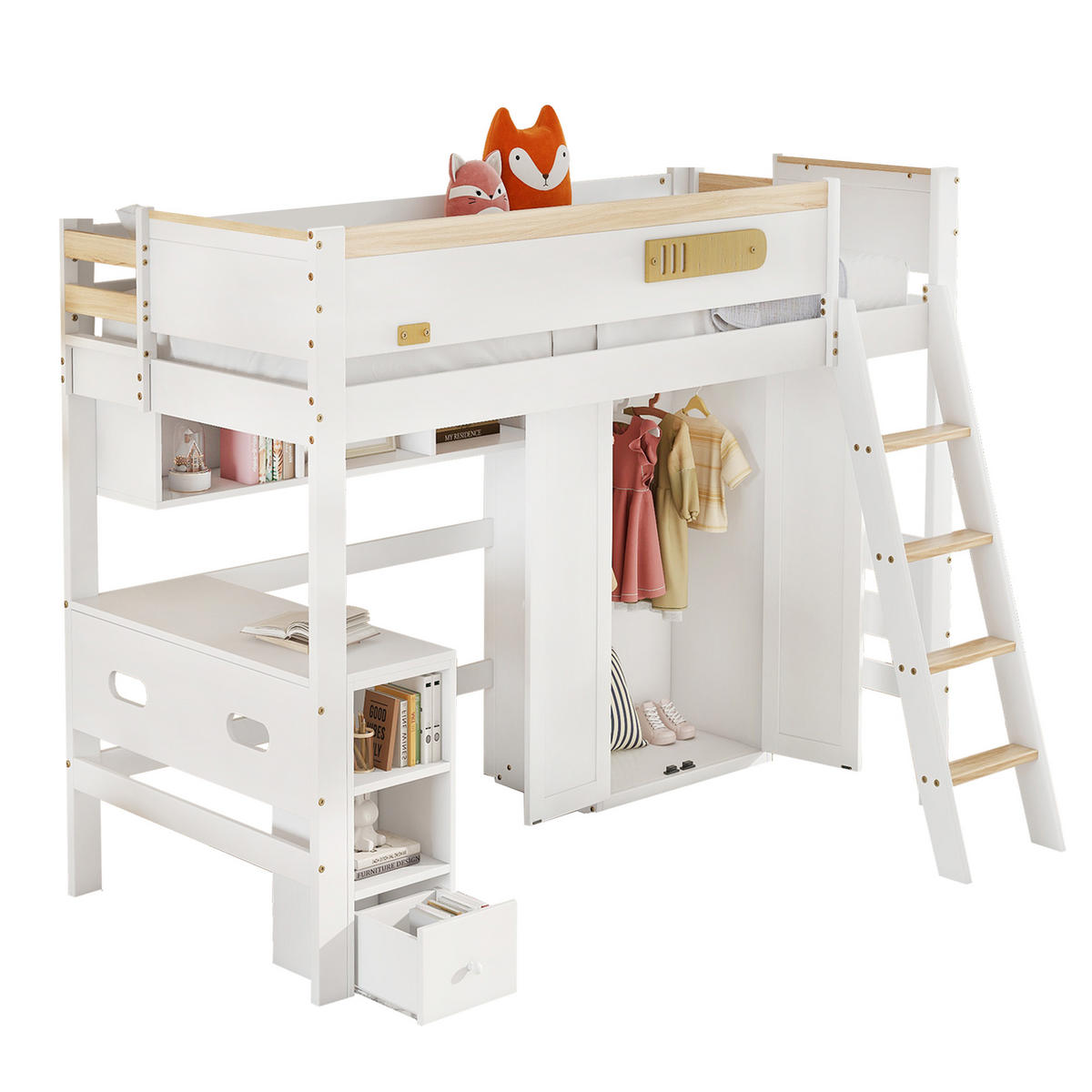 ETAGENBETT 90/200 cm weiß aus Massivholz mit Tisch und Kleiderschrank - Weiß, Holz (90/200cm) - OKWISH