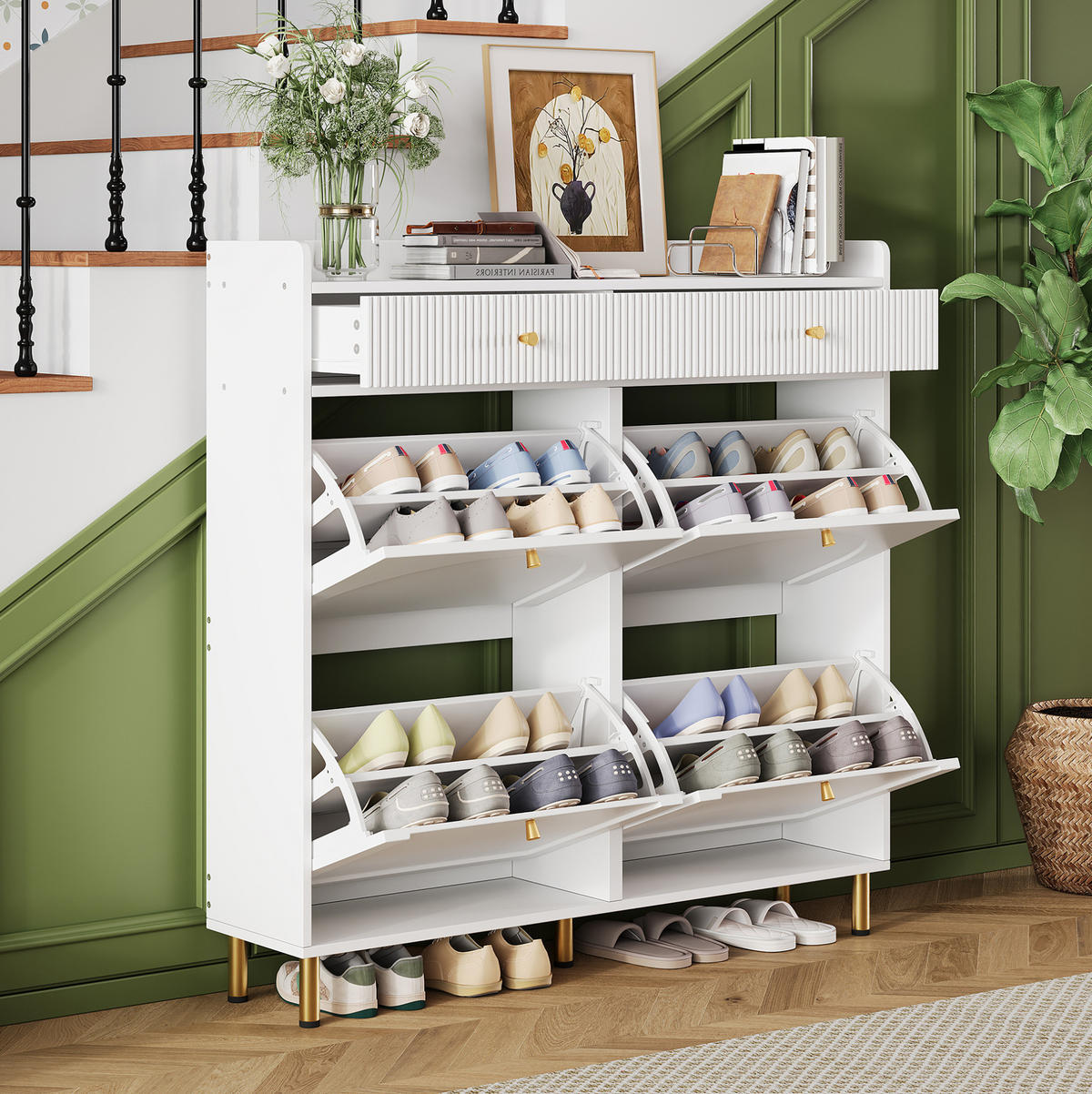 SCHUHSCHRANK aus MDF & Spanplatte 106.5x25x105.5cm in Weiß mit Kippsicherung - Weiß, Holzwerkstoff (106/105.5/25cm) - Modfu