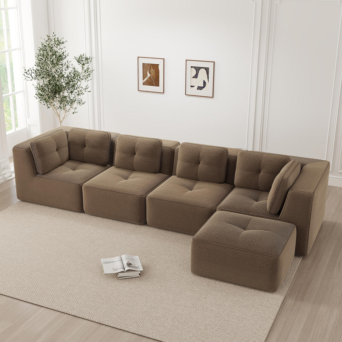 4-SITZER Sofa 386×177×69 cm Cordstoff rahmenlos modular mit Ottomane, braun - Braun, Textil (177/69/386cm)