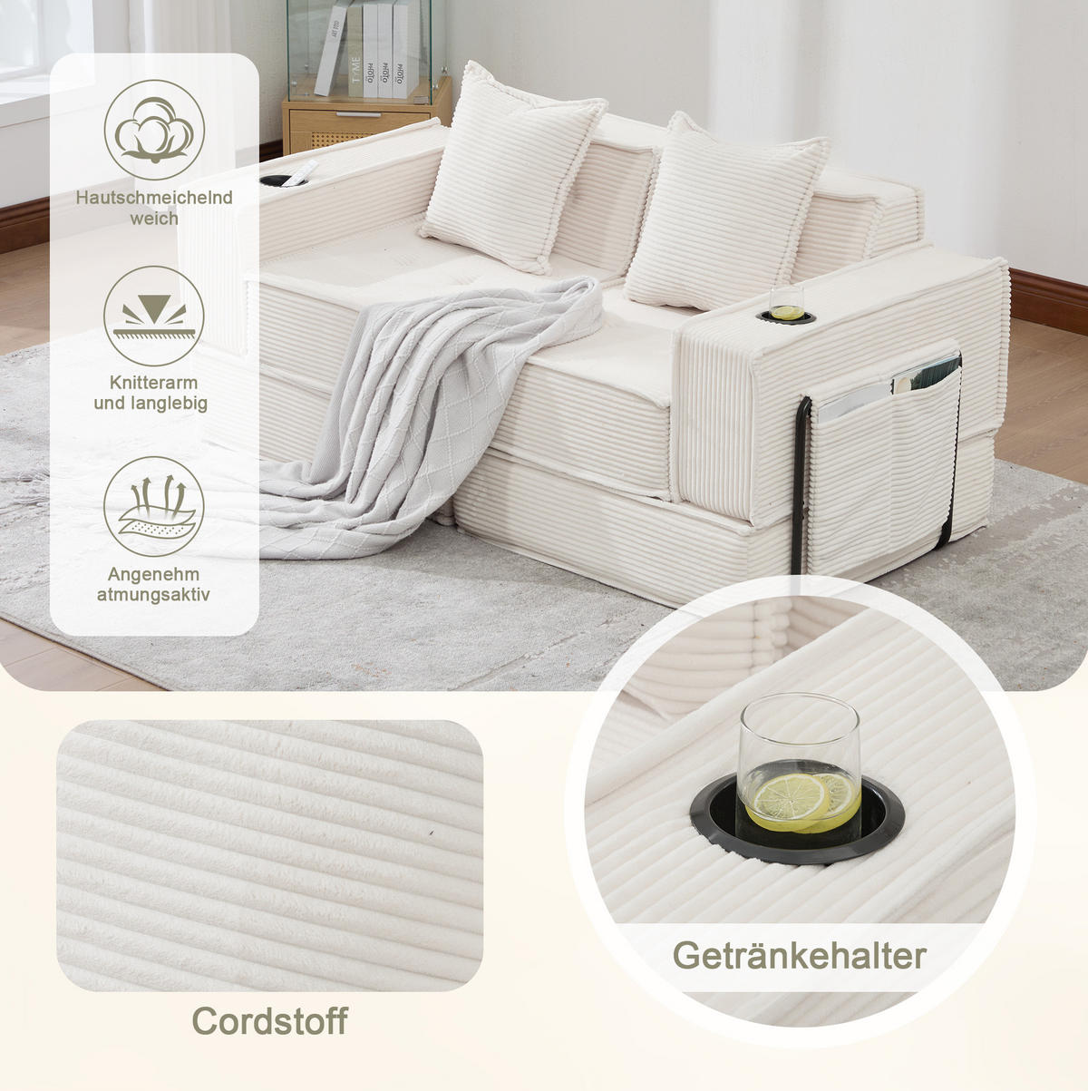 2-SITZER-SOFA 162/78/66 cm mit Seitentaschen, 2 Kissen und modularem Design aus Cord, Beige - Beige, Textil (162/66/78cm) - Redom