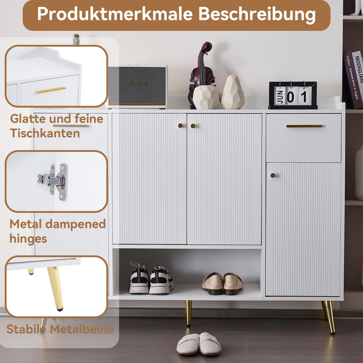 SCHUHSCHRANK in Weiß Schuhregal mit 2 Schubladen und 4 Türen für Flur, B130/T37/H100cm - Goldfarben/Weiß, Holzwerkstoff/Metall (130/100/37cm) - STILVORA