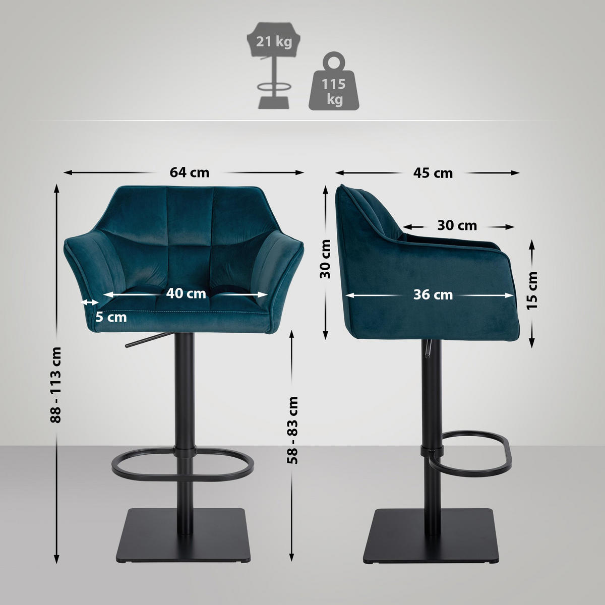 BARHOCKER 2er Set Samt Grün - Schwarz/Grün, Textil/Metall (64/88/45cm) - CLP