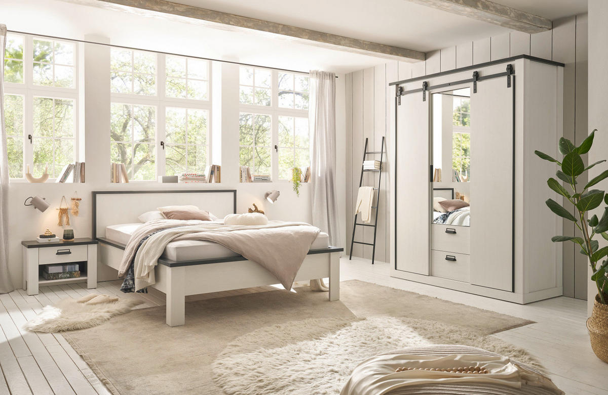 BETT weiß Pinie, anthrazit Landhaus, Einzelbett Liegefläche 140 x 200 cm - Anthrazit/Weiß, Holzwerkstoff (140/200cm) - Furn.Design