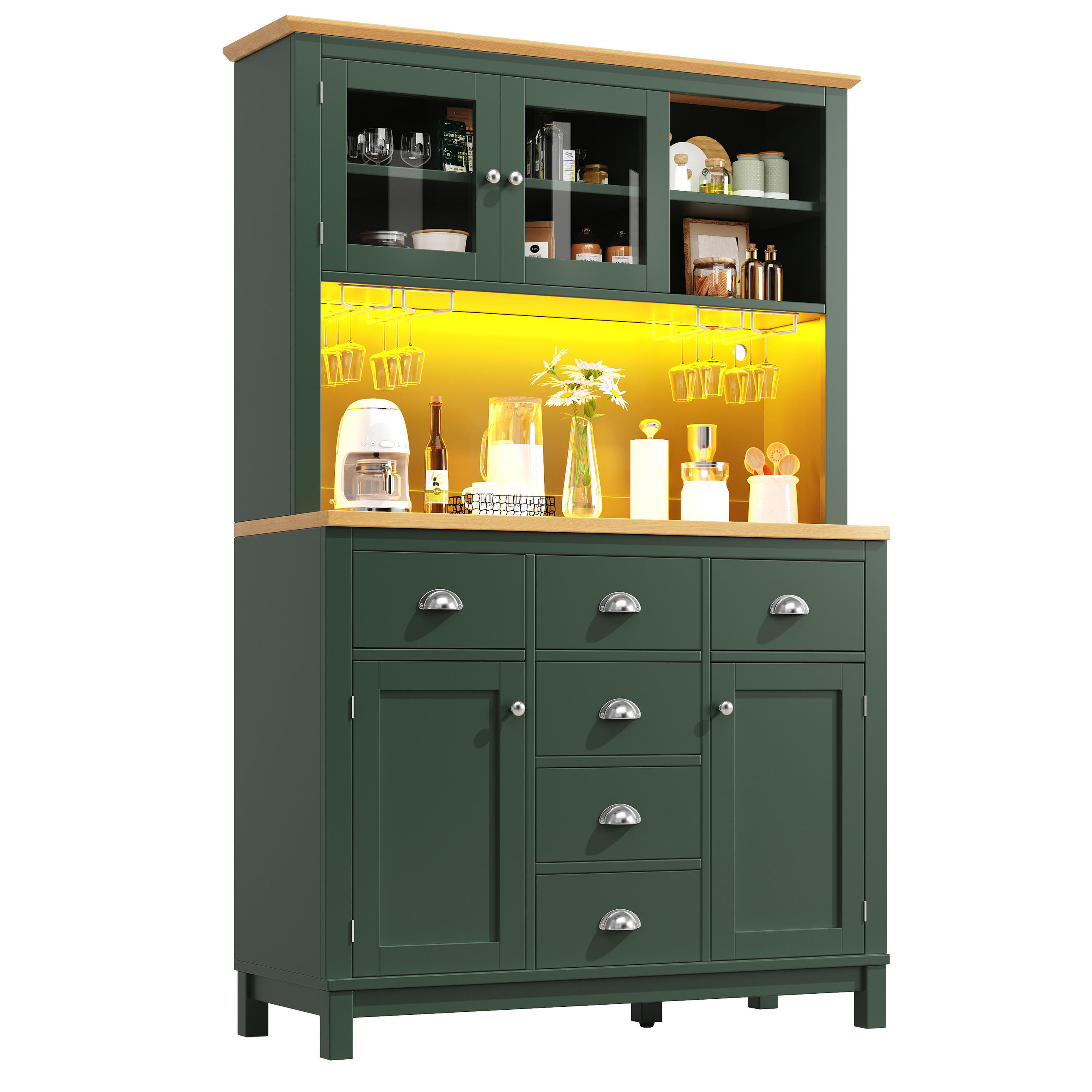 GESCHIRRSCHRANK aus MDF 104x40x180cm in Grün mit LED-Lichtleiste - Grün, Holzwerkstoff (104/180/40cm) - Modfu