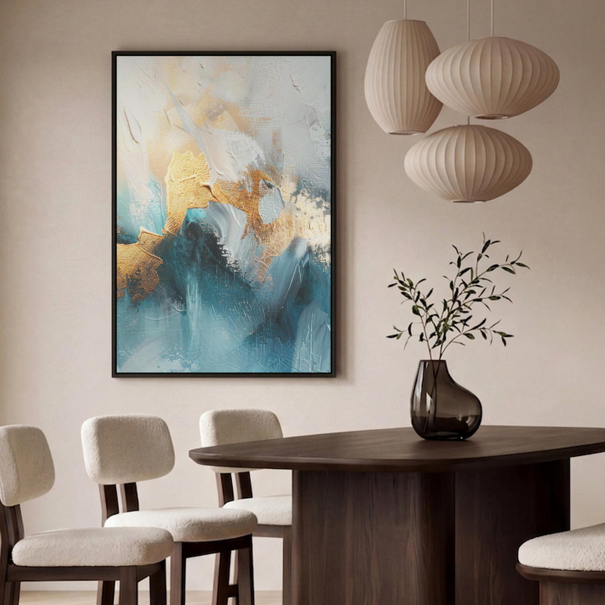 LEINWAND Bilder mit Rahmen - Abstrakt - Kunst - Gold - Blau - 80x120 - Petrol, Textil (80/120cm) - MuchoWow