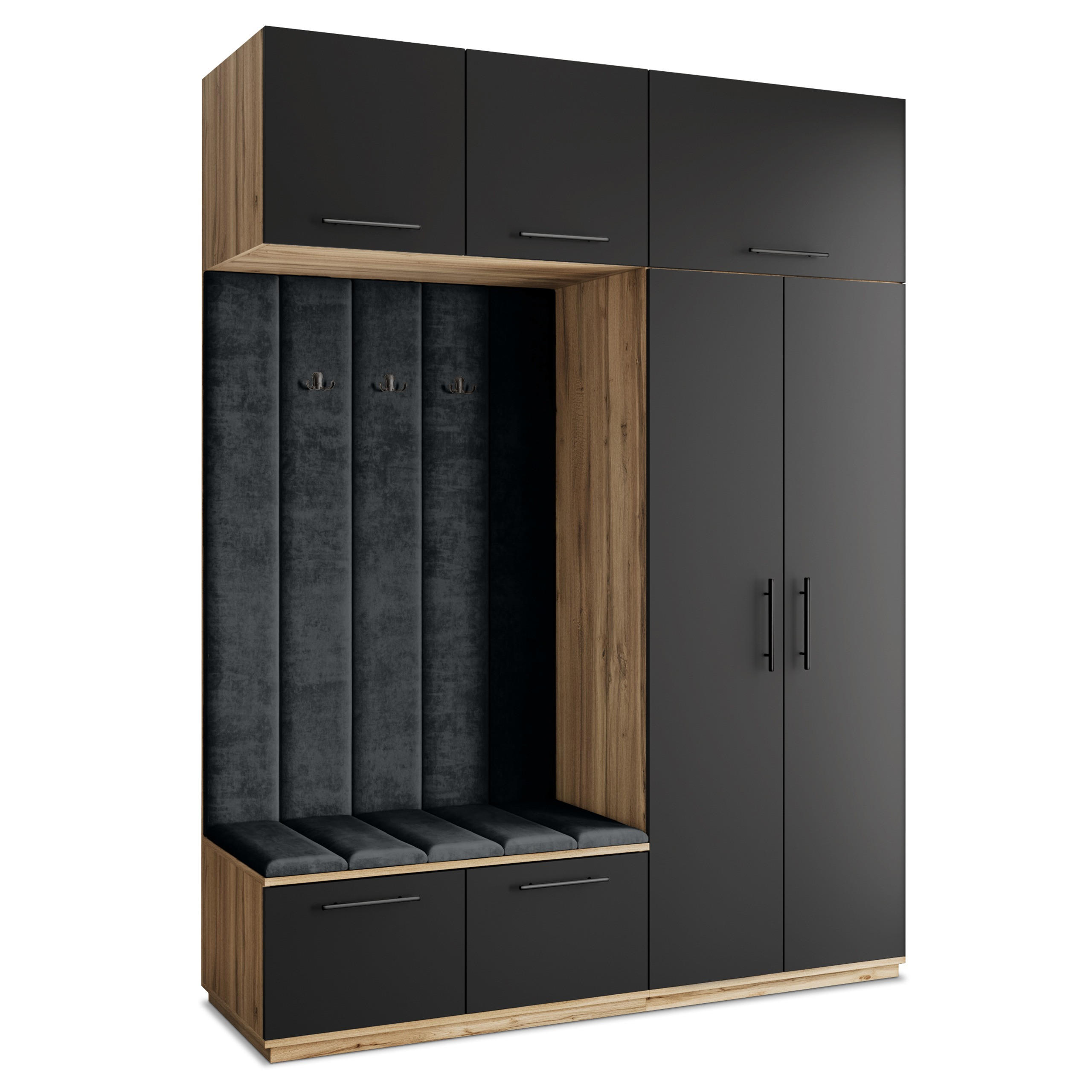 Masseno Garderobenschrank Eiche Wotan, Schwarz, Schwarz 180x240x60 cm