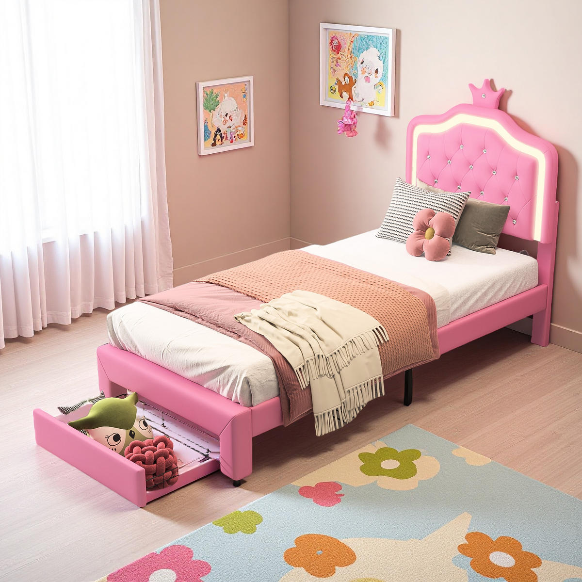 KINDERBETT 90x200 Rosa Krone LED Kinderzimmer - Pink, Holzwerkstoff (90/200cm) - SHOPENTRA