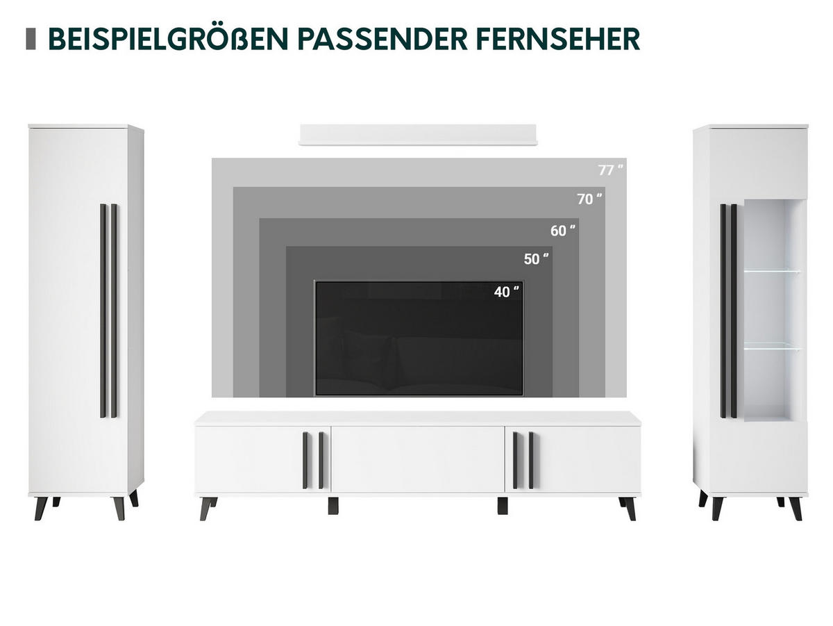 WOHNWAND Helsinki II mit weißer LED Beleuchtung - Schwarz/Graphitfarben, Holzwerkstoff/Kunststoff (180/70/33cm) - MIRJAN24