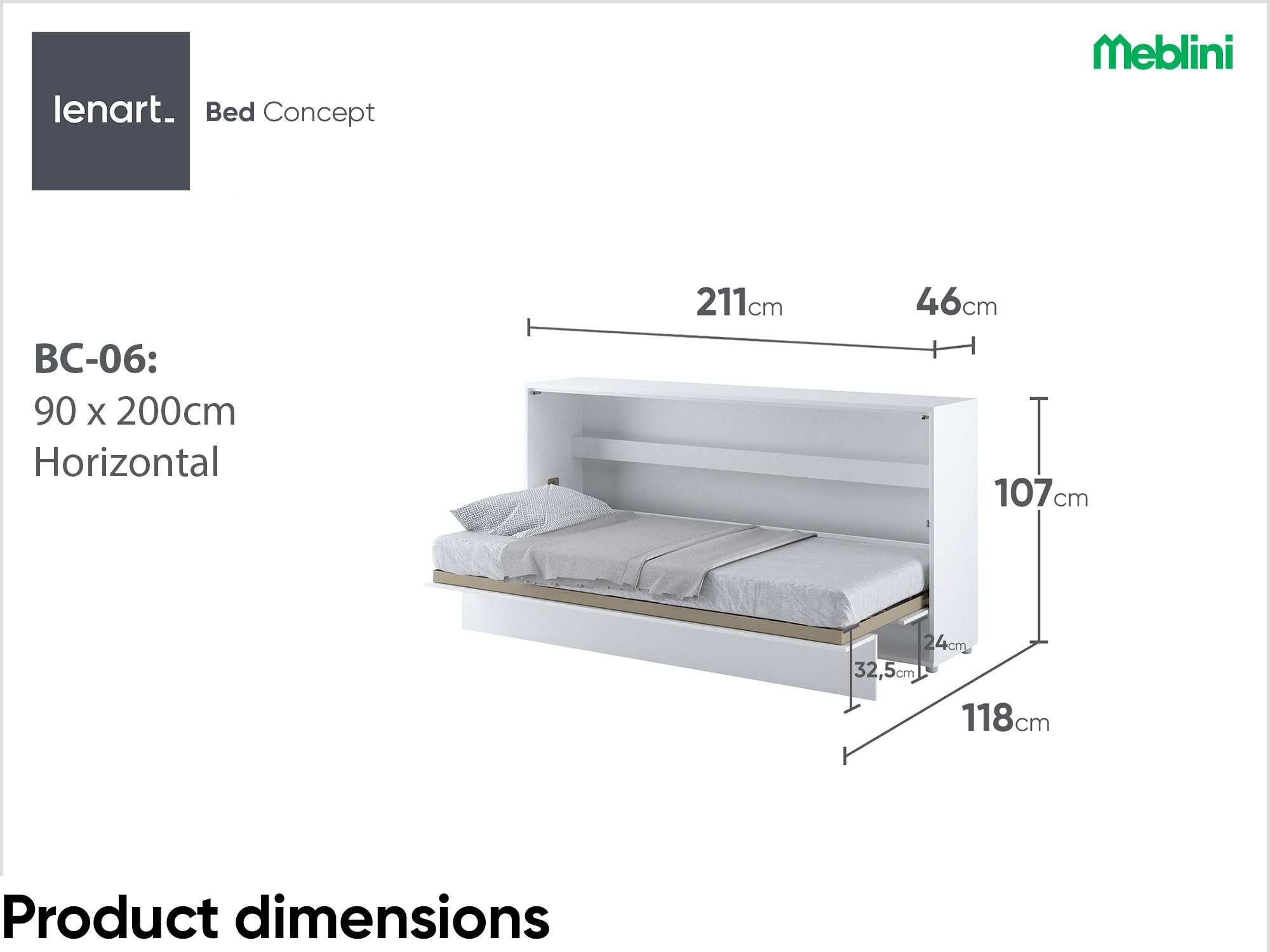 SCHRANKBETT BC-06 - 90x200cm Horizontal - Weiß Mat - Weiß, Holzwerkstoff (200/90cm) - Meblini