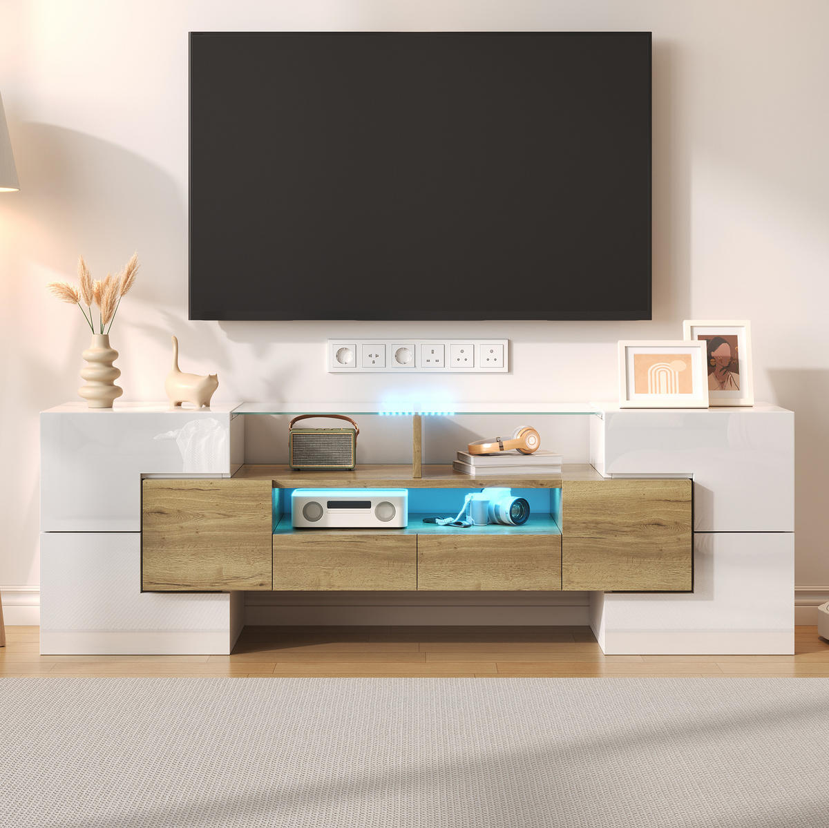 TV-SCHRANK in Hochglanz Weiß/Goldoptik mit LED und Schubladen 145/30/51 cm - Weiß, Holzwerkstoff (145/51/30cm) - Redom