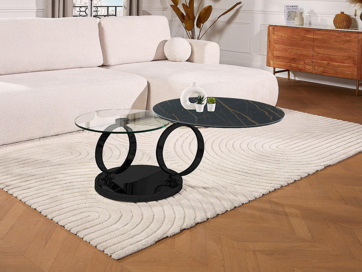 COUCHTISCH mit drehbaren Tischplatten - Keramik & Glas - Schwarz mit Marmor-Effekt - JOLINE - Schwarz, Glas (131.5/80/42cm) - Vente-Unique