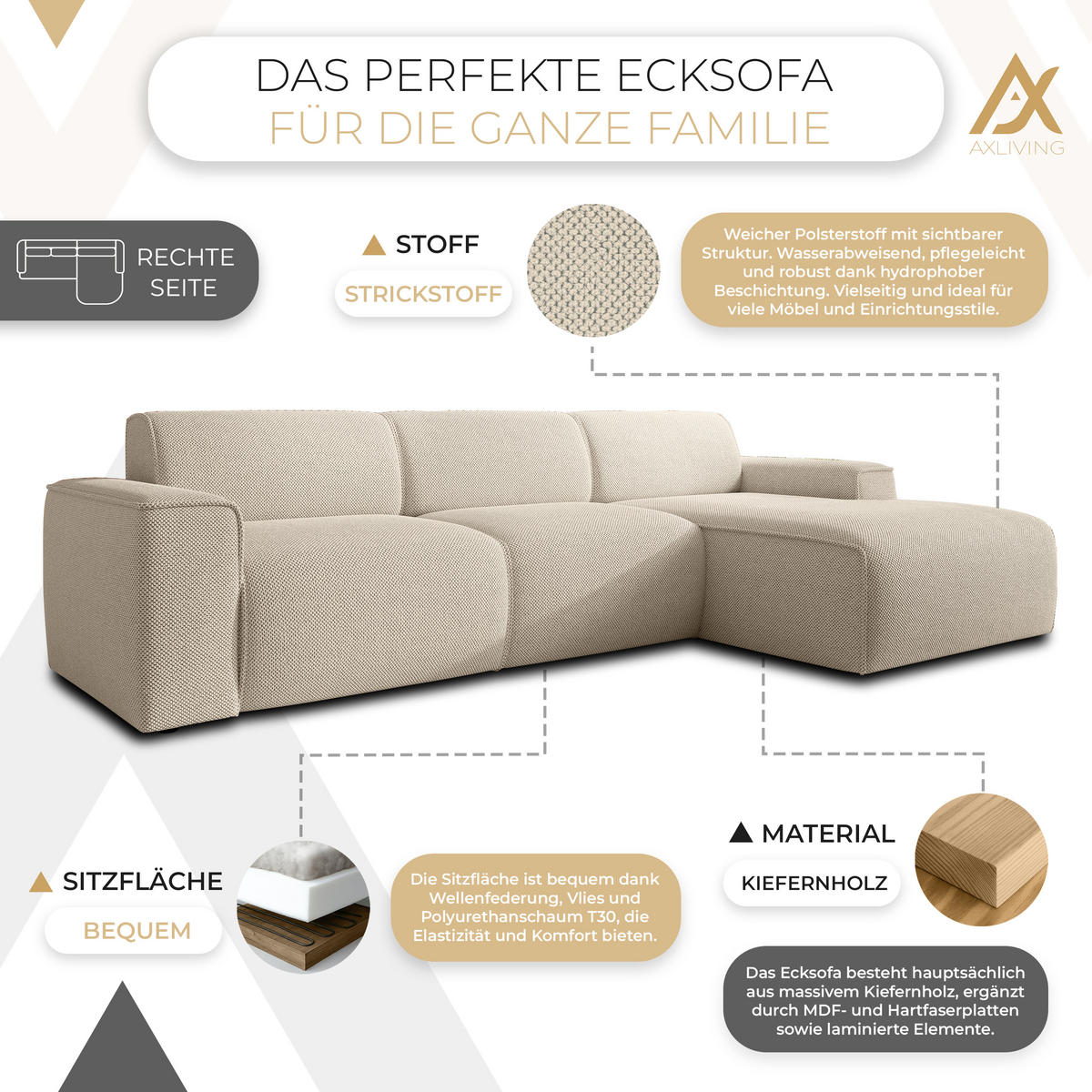 ECKSOFA L Form Didim mini Taupe 310/165/78 cm – stilvolle kleine Eckcouch R - Taupe/Schwarz, Kunststoff/Textil (310/165cm) - AX Living