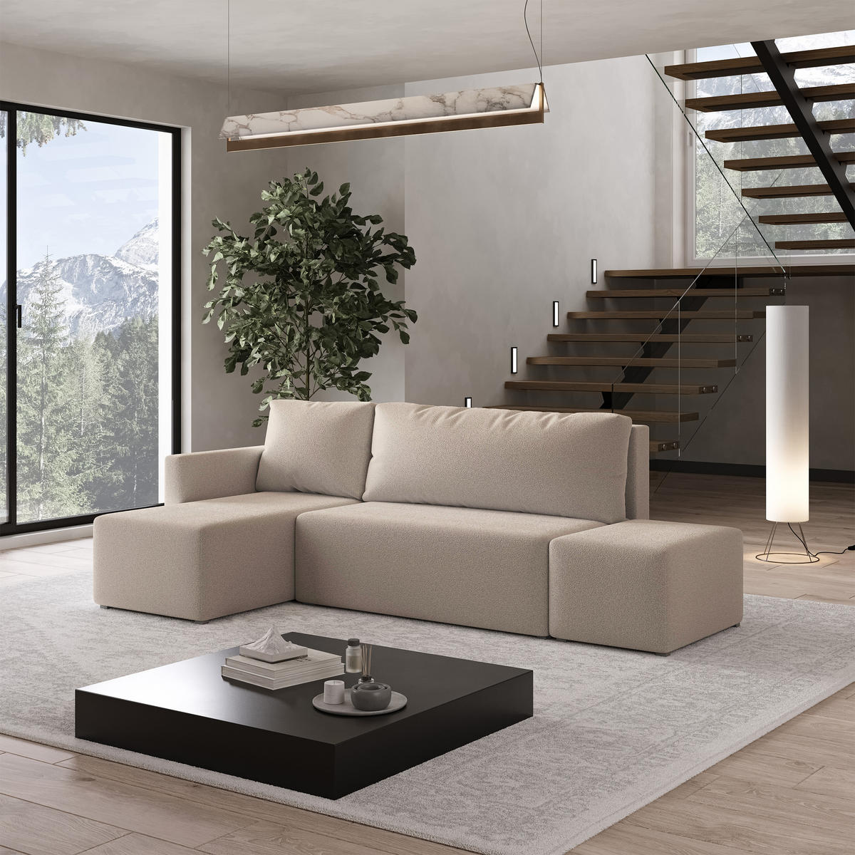 ECKSOFA VELOTTI L-S Beige Boucle-Stoff mit Schlaffunktion - Beige, Holz (261/143cm) - MASSENO