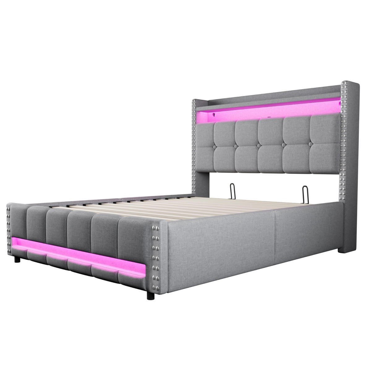 POLSTERBETT mit Stauraum und LED 140x200 cm Leinenstoff Hellgrau - Hellgrau, Metall (140/200cm) - Meubliv