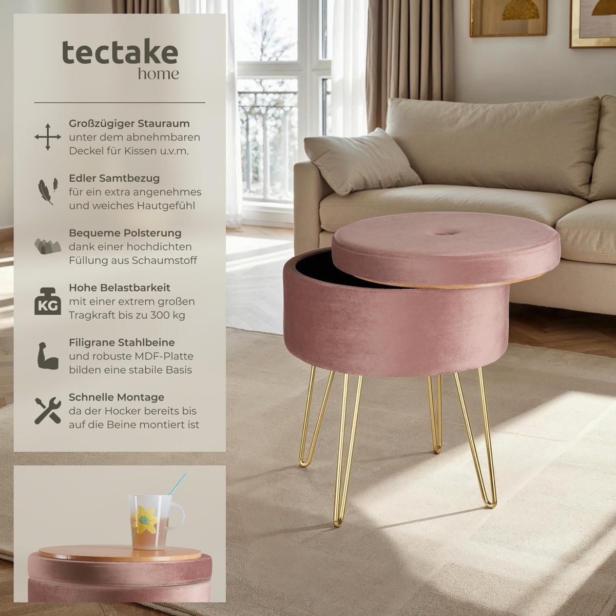 SITZHOCKER mit Stauraum Ava,37,5 x 44,5 cm,rosa - Rosa, Holz (37.5/44.5/37.5cm) - tectake