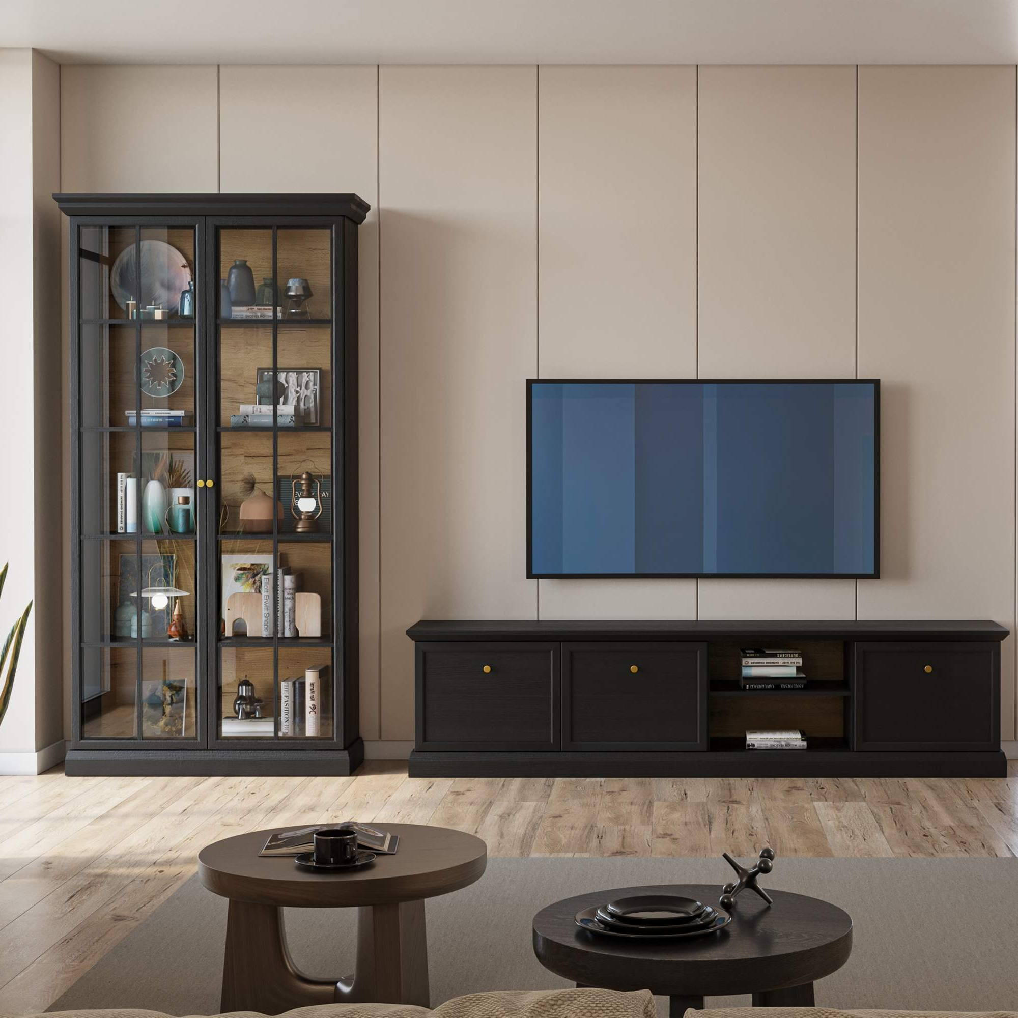 VITRINE KATRIA, Schwarz - Schwarz, Holzwerkstoff (103/200/37cm) - KONSIMO®