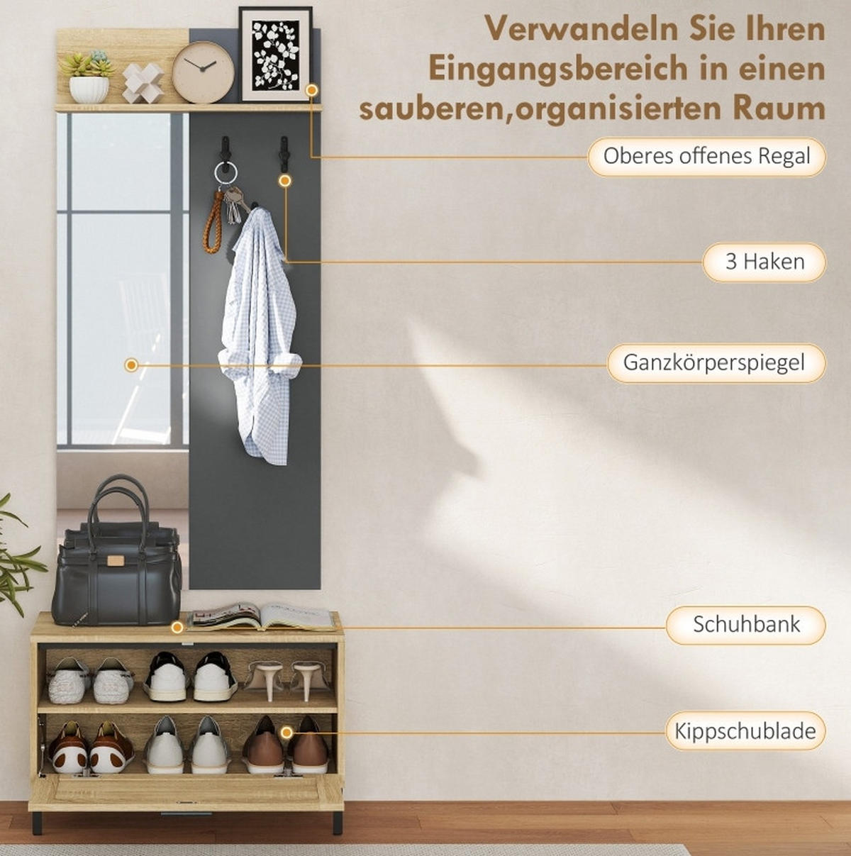PŘEDSÍŇOVÁ sestava 60/13,5/127,5 cm přírodní dřevo a šedá z MDF s věšákem, zrcadlem a botníkem - přírodní, kompozitní dřevo (60/127.5/13.5cm) - OKWISH