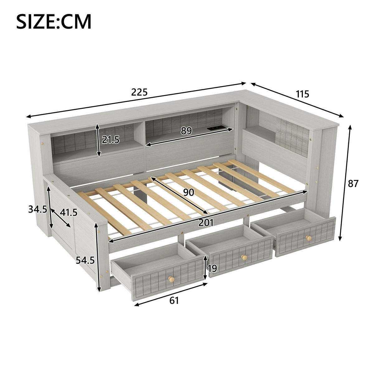 STAURAUMBETT 90/200 cm DE-03353, mit Ablagefächern, 3 Schubladen und LED, in Grau - Grau, Holz/Holzwerkstoff (90/200cm) - ComfortXL