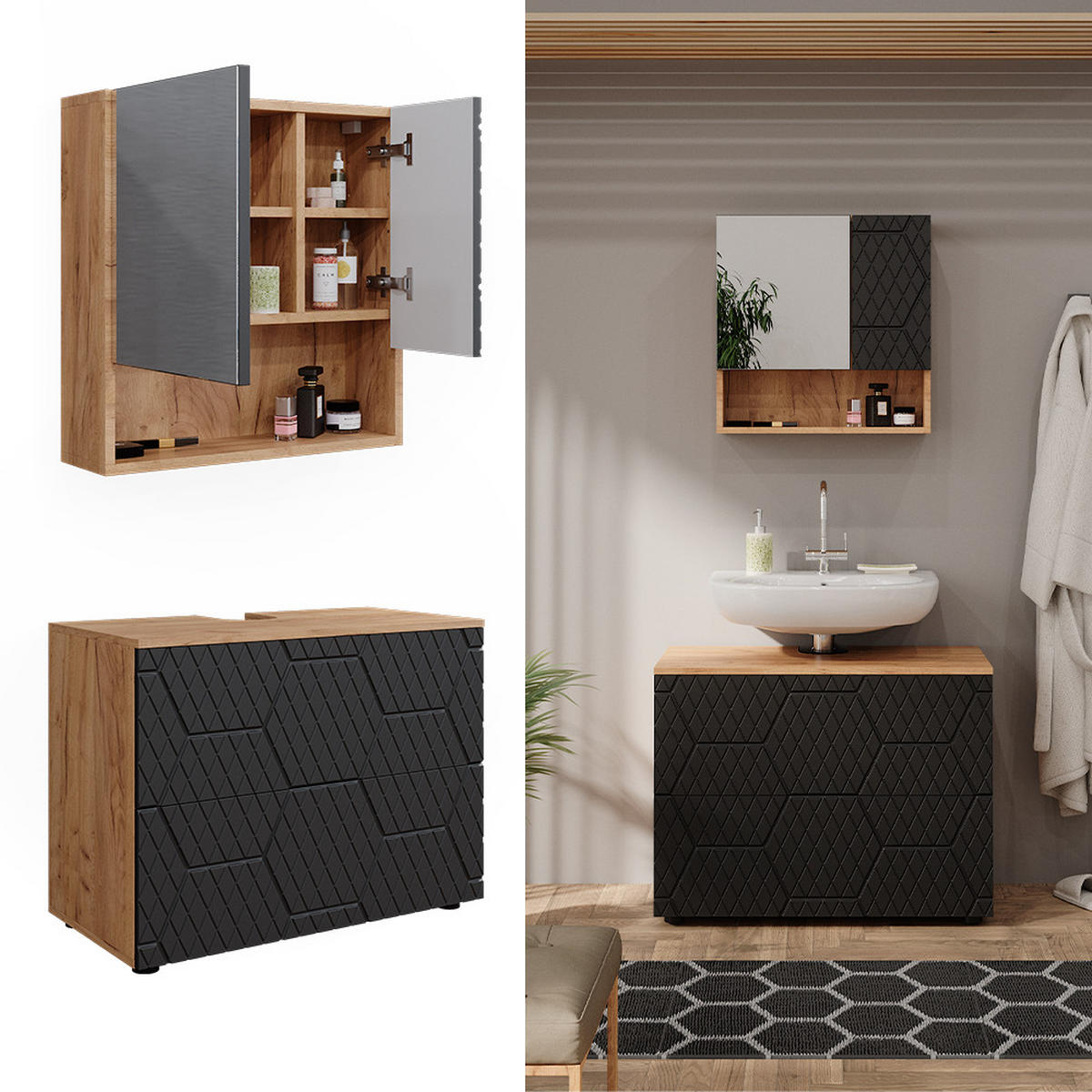 BADMÖBEL-SET Irma Anthrazit gestreift 2 Teile - Honigeiche/Anthrazit, Holzwerkstoff (80/58.6/41cm) - Vicco