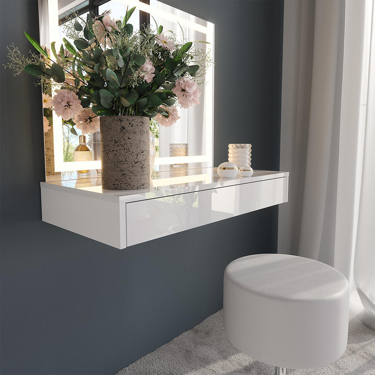 SCHMINKTISCH Sherry Weiß/Weiß Hochglanz 120 cm 3 Teile - Weiß Hochglanz, Holzwerkstoff (120/76/50.1cm) - Vicco