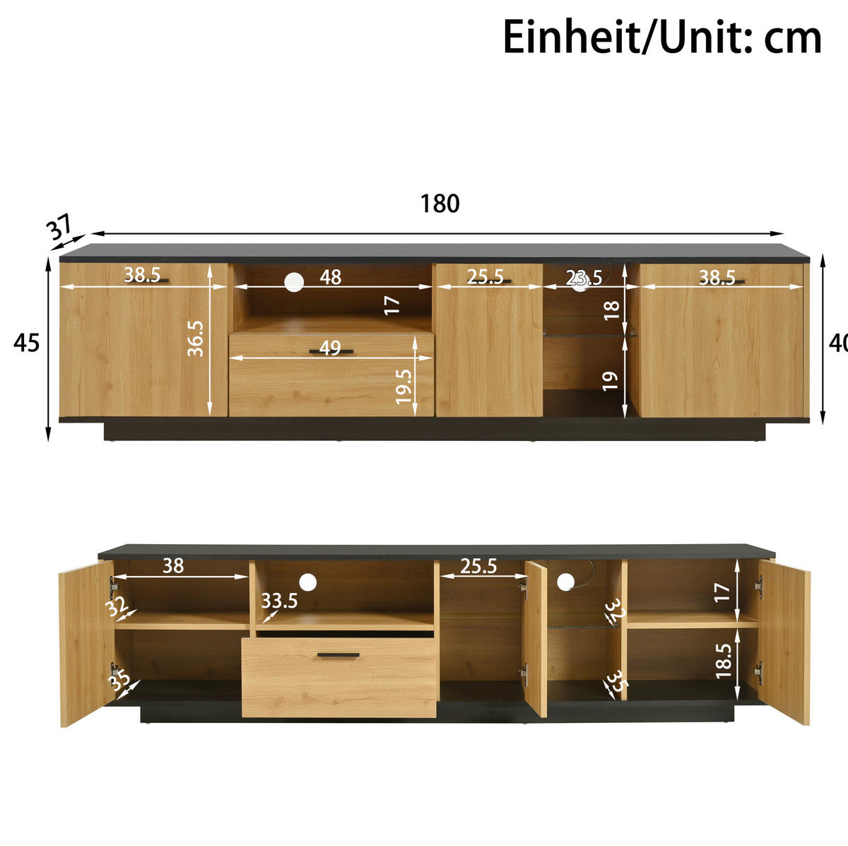 TV-LOWBOARD in Schwarz und Holzoptik mit LED und Stauraum 180/37/45 cm - Eichefarben, Holzwerkstoff (180/45/37cm) - Redom