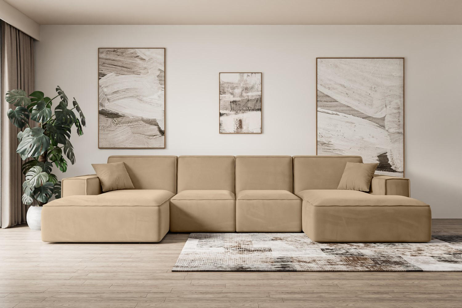 WOHNLANDSCHAFT SIERRA-U - 344x165x73 cm Beige Velours - Beige/Schwarz, Holzwerkstoff/Kunststoff (344/73/165cm) - ALTDECOR