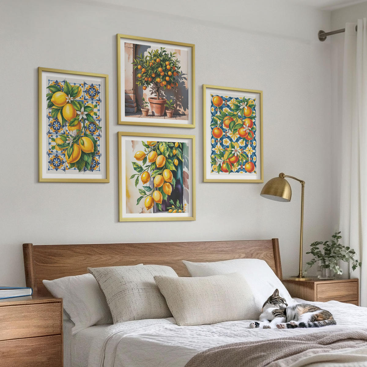 WANDBILDER 4er Set - 50x50 cm & 40x60 cm Goldrahmen - Farbenfrohe abstrakte Zitrusfrüchte - Goldfarben, Kunststoff (50/50cm) - ArtPrintCave