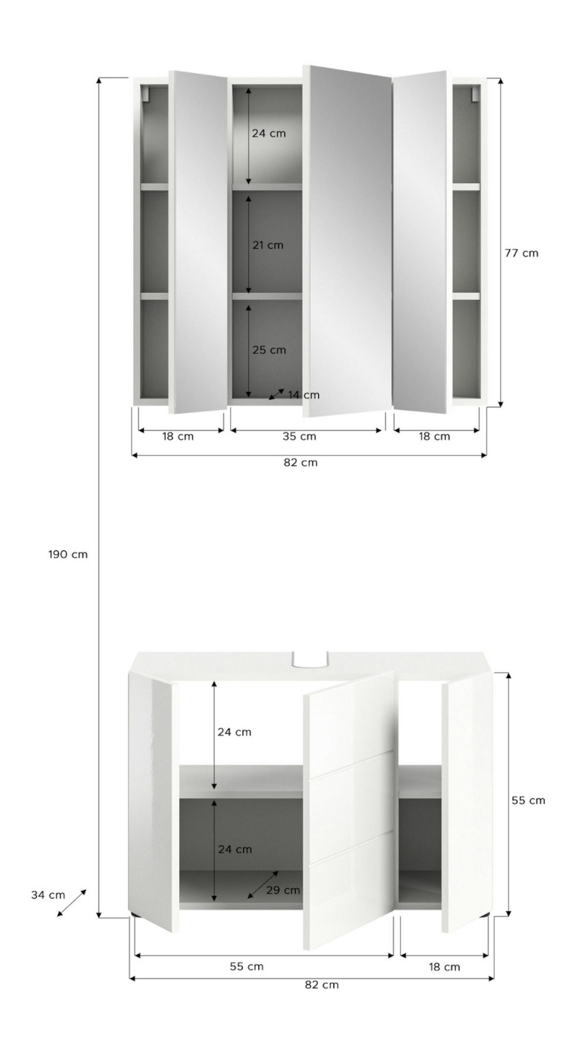 BADMÖBEL-SET 2-teilig weiß Hochglanz, Badkombination 80 cm - Weiß Hochglanz, Glas/Holzwerkstoff (82/190/34cm) - Inn.Furn