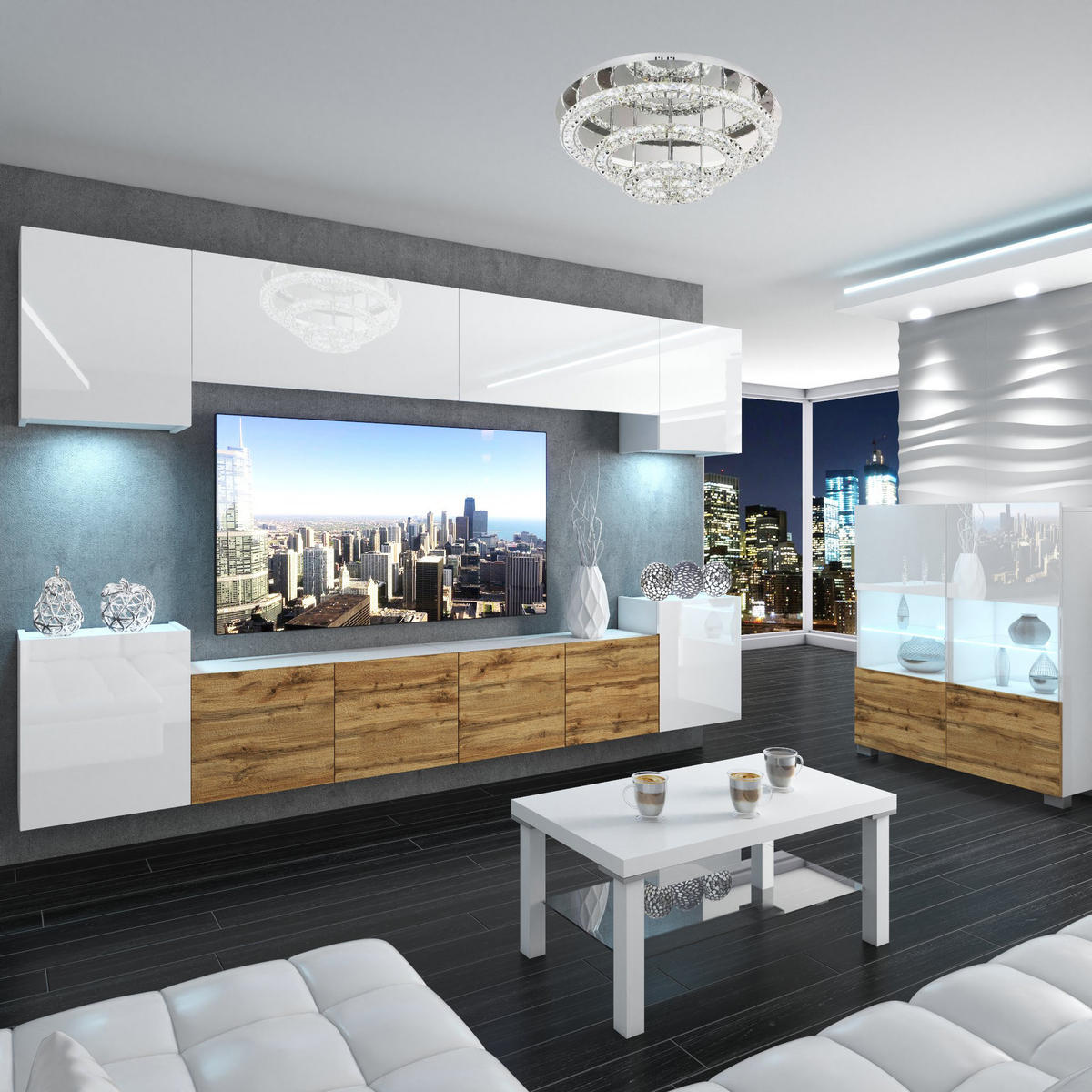 WOHNZIMMERWAND mit LED-Beleuchtung TV-Schrank Weiß Top/Eiche Wotan - Eichefarben/Weiß, Holz (300/180/36cm) - B BELINI GROUP