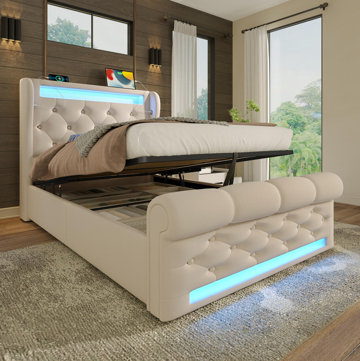 POLSTERBETT mit LED und Stauraum 90x200 cm Samt Beige - Beige, Metall (90/200cm) - Meubliv