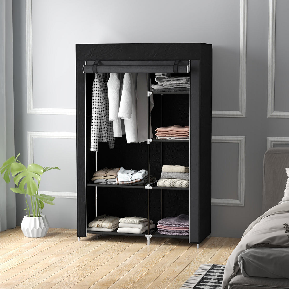 KLEIDERSCHRANK Stoffschrank Faltschrank mit 2 Kleiderstangen, 6 Fächern, Schwarz - Schwarz, Metall (43/162.5/103cm) - HOMCOM