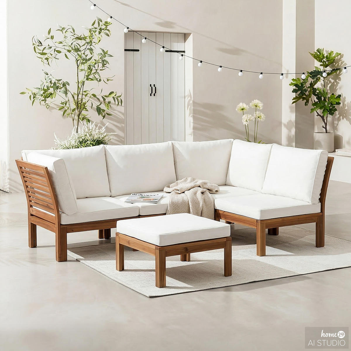 LOUNGESESSEL - Webstoff / Akazie massiv - Weiß, Holz/Textil (60/73/71cm) - home24