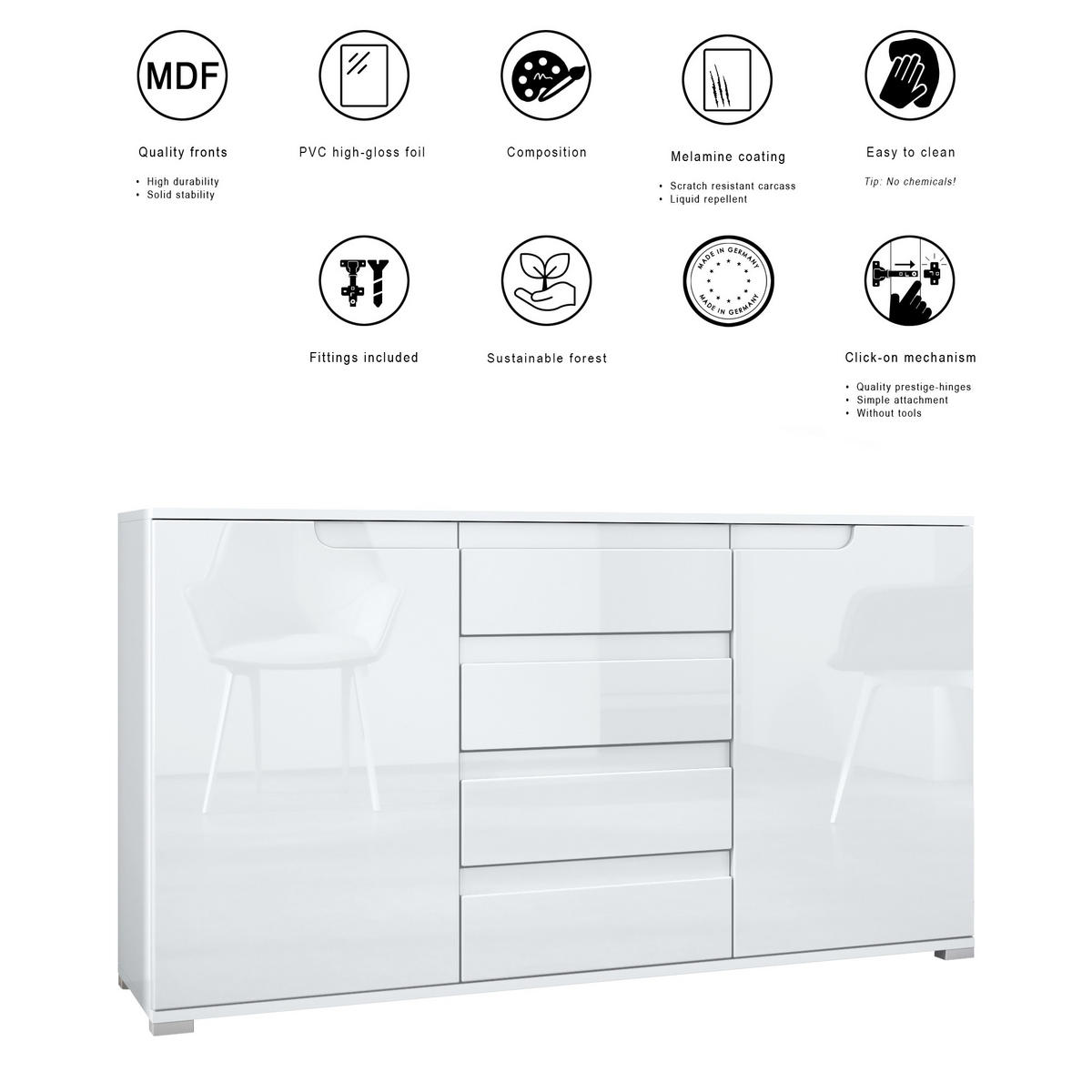 SIDEBOARD Sylt Weiß matt / Weiß Hochglanz - Weiß, Holzwerkstoff (138.5/75.5/35cm) - Vladon