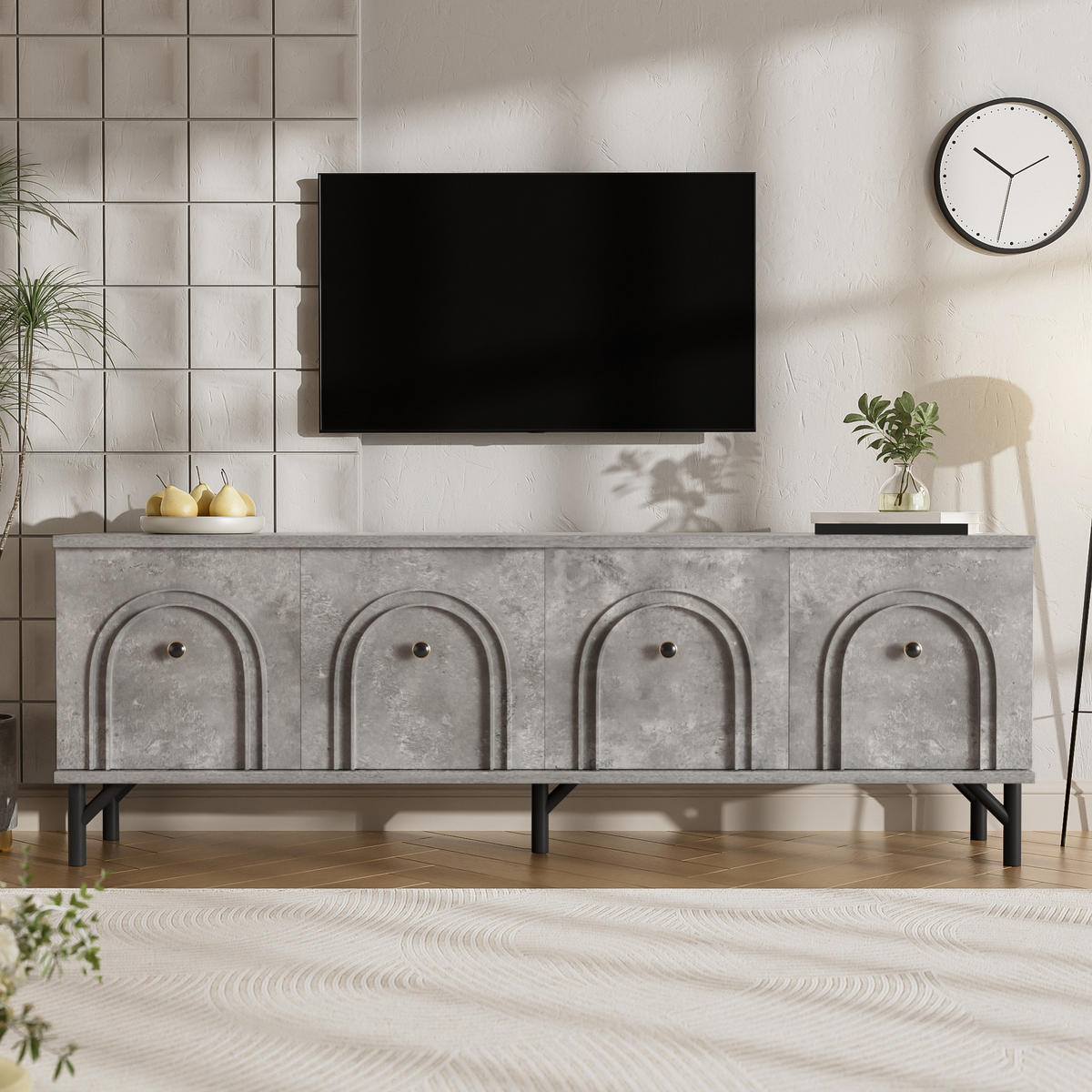 TV-SCHRANK aus Spanplatte mit 4 Türen und 3D-Bogenfront, 160/38/55,5 cm, Grau - Grau, Holzwerkstoff (38/55.5/160cm) - Redom