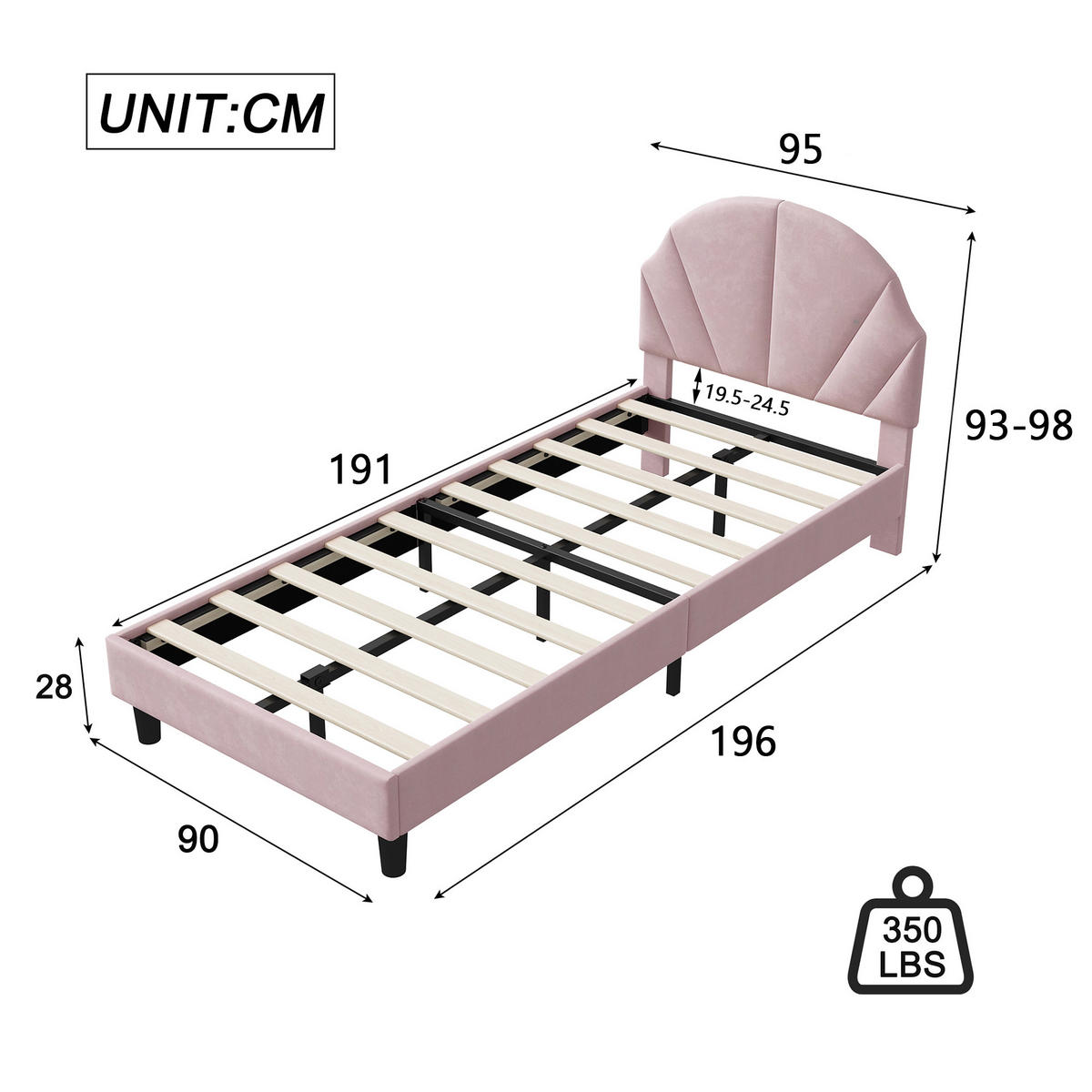 POLSTERBETT 90x200 cm Kinderbett, Einzelbett mit gepolstertem Muschel-Kopfteil, höhenverstellbar, Lattenrost, Rosa - Rosa, Metall (90/190cm) - EuroLiving