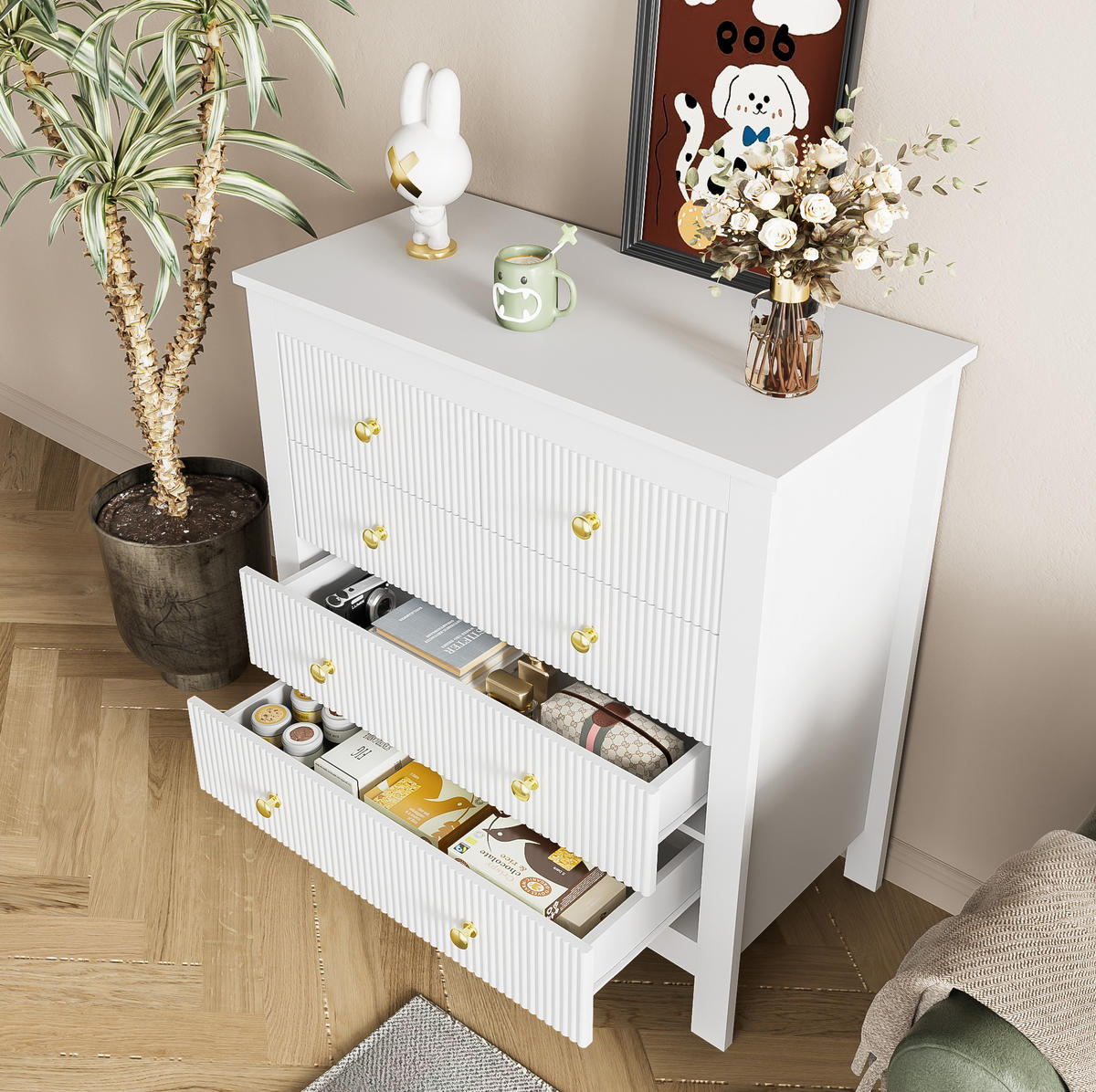 SIDEBOARD mit 5 Schubladen 80,5/39,5/79 cm in Weiß mit goldfarbenen Griffen - Weiß, Holzwerkstoff (79/80.5/39.5cm) - BEAOK