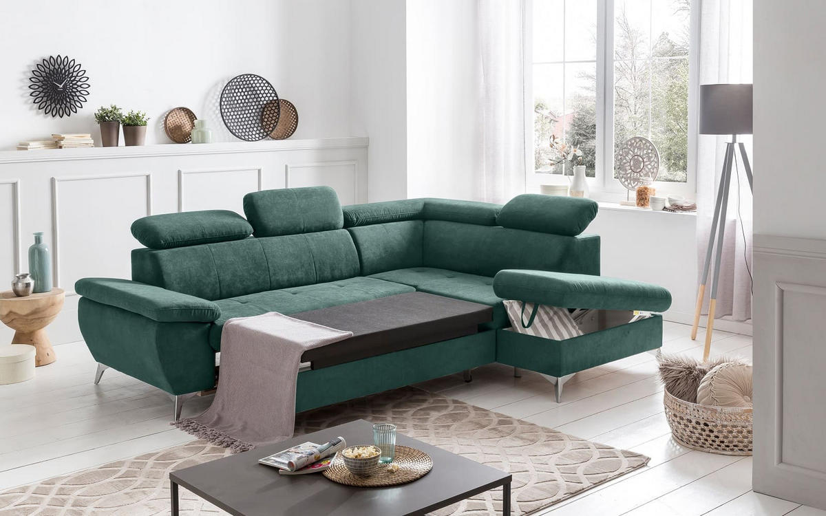 ECKSOFA mit Schlaffunktion und praktischem Bettkasten - Chromfarben/Grün, Textil/Metall (209/256cm) - Cotta