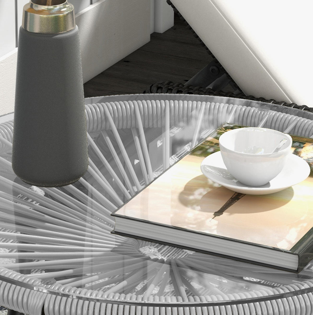 BEISTELLTISCH aus Metall 50x50x50 cm Grau mit Glasplatte und PE-Rattan im Boho-Stil - Grau, Metall (50/50/50cm) - Modfu