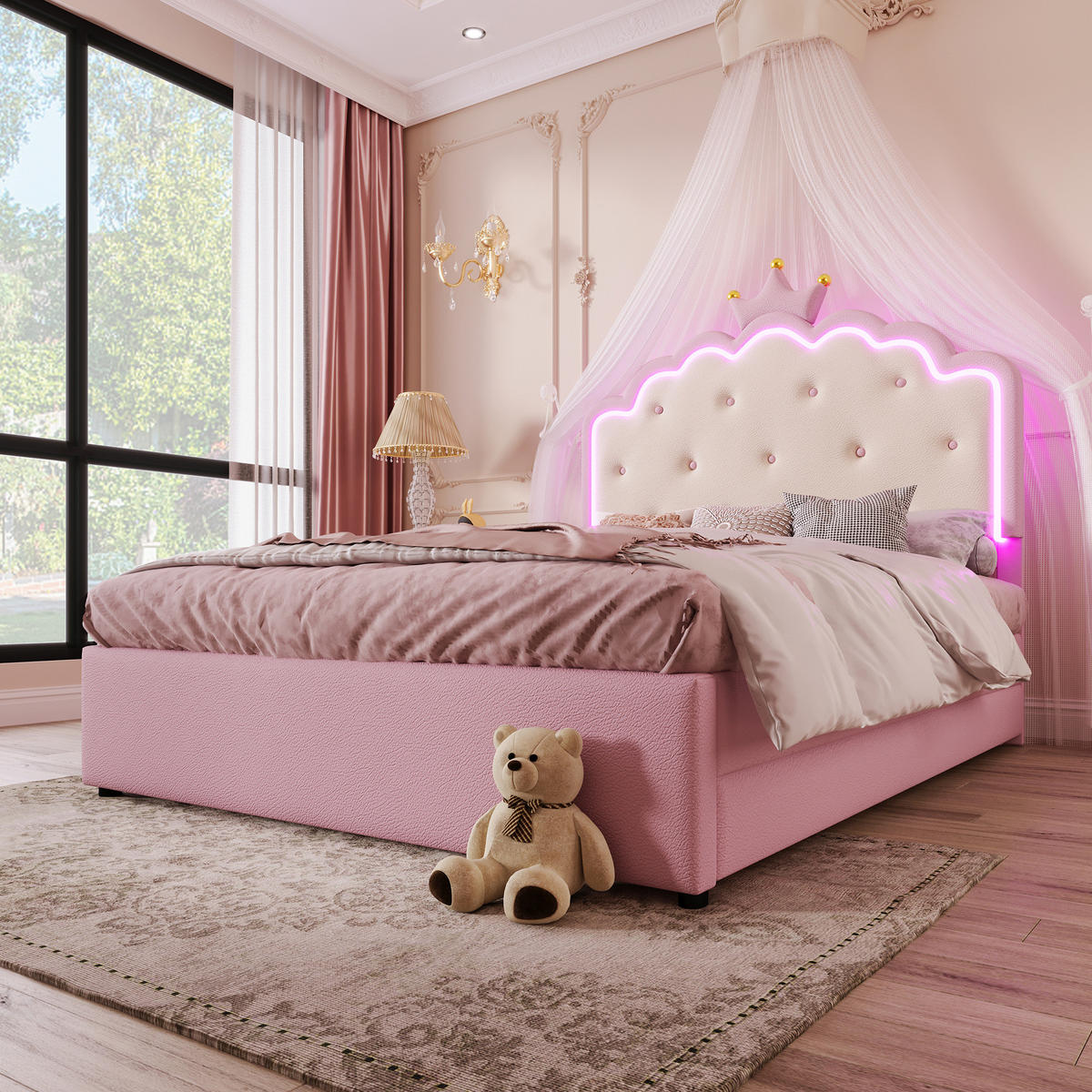POLSTERBETT 140/200 cm aus PU und MDF mit LED-Beleuchtung, Ausziehbett und 2 Schubladen Rosa - Pink, Kunststoff (140/200cm) - Modenvie