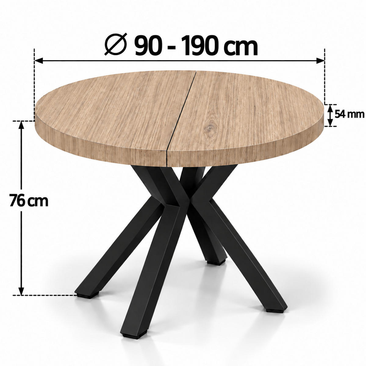 ESSTISCH rund ausziehbar 90/190/76 cm, Braun Hikora Egger, 54 cm Tischplatte + X Metallbeine Schwarz - Eichefarben/Schwarz, Holzwerkstoff/Metall (90/190/76cm) - Damale Möbel