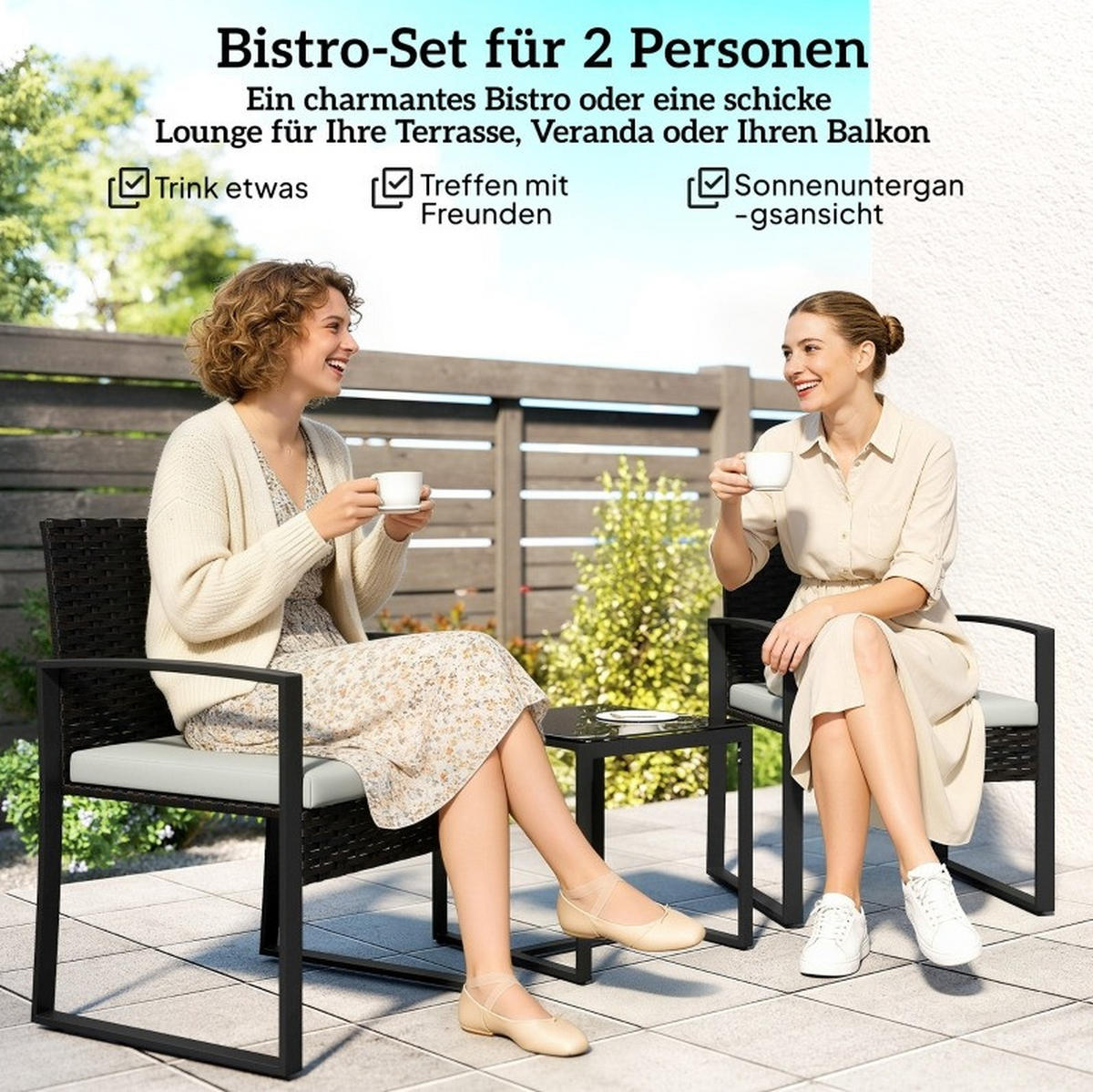 GARTENSET aus Stahl 55x58x76 cm Cremegrau mit 2 Sesseln, Tisch und abnehmbaren Kissenbezügen - Braun, Metall - Modfu